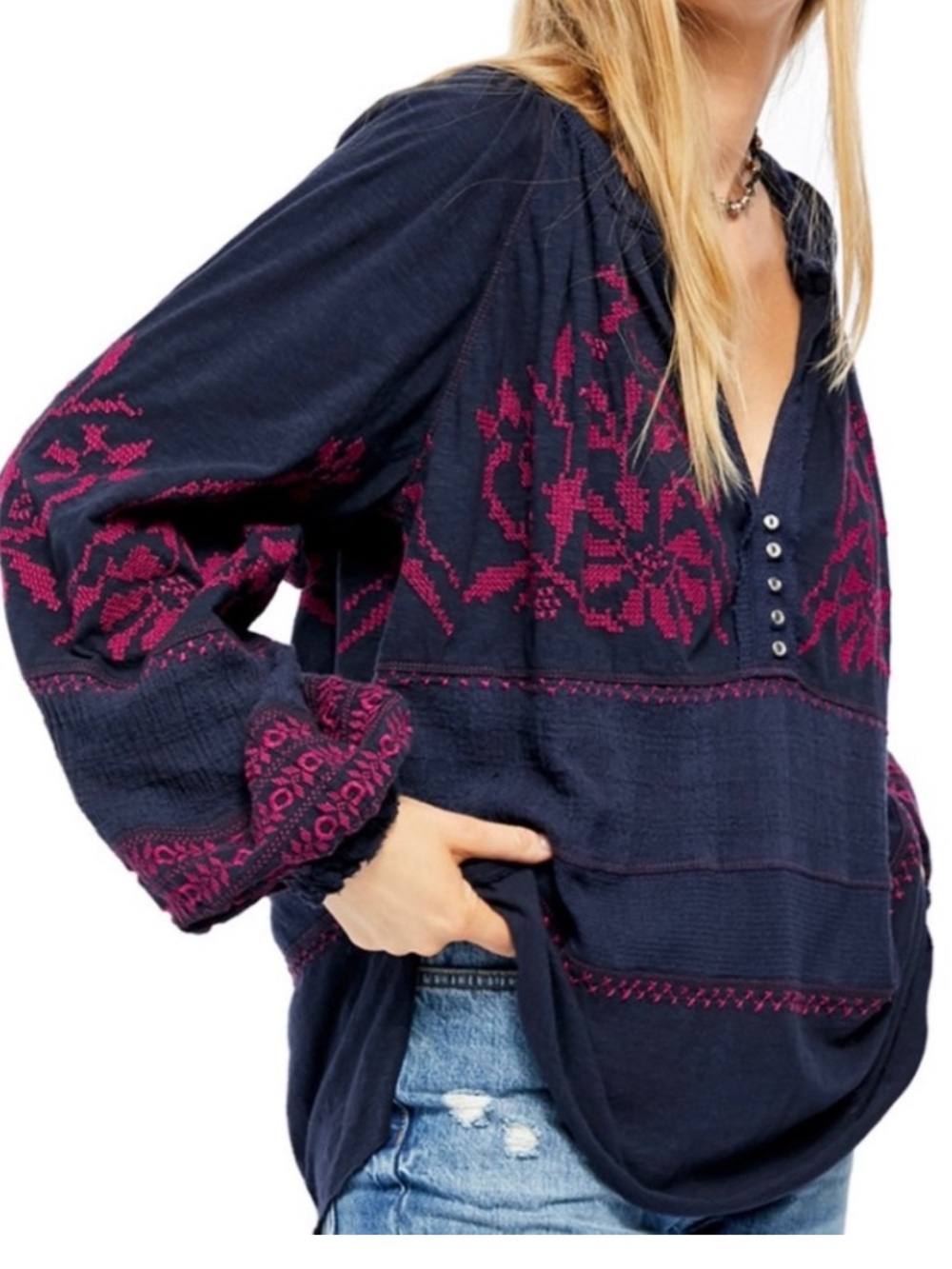 Free People Persuasion Embroidered Boho Top Navy Pink Size Small